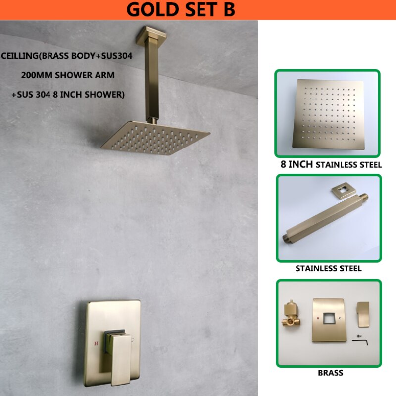 Overhead Shower Set Top Ultra Thin 8 Inch Shower Square Brushed Gold Set System Rain Waterfall 1 Function Swivel Shower Cold