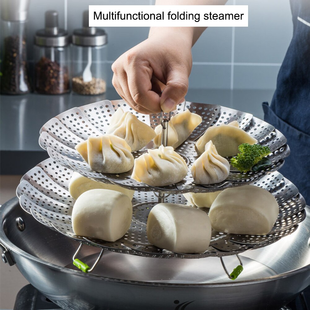 Vaporera de acero inoxidable plegable de dos pisos, cesta de vapor para alimentos, bandeja de malla para postres de frutas, cocina para albóndigas y verduras, vaporera