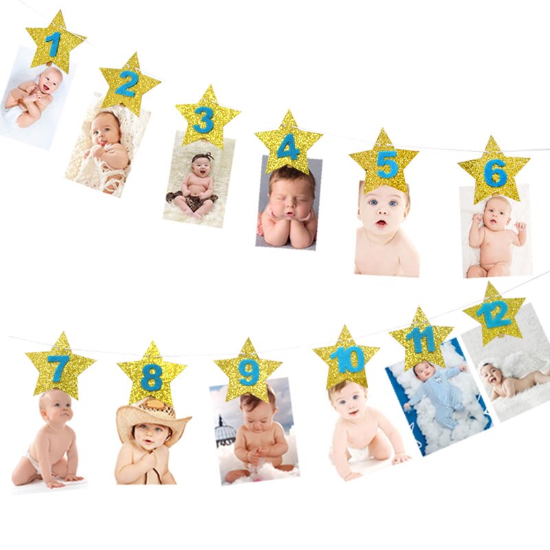 baby shower Kids Frist Birthday Banners 12 Months Photo Frame Bunting Garland Boy Girl 1st One Year Party Decoration Supplies: 6