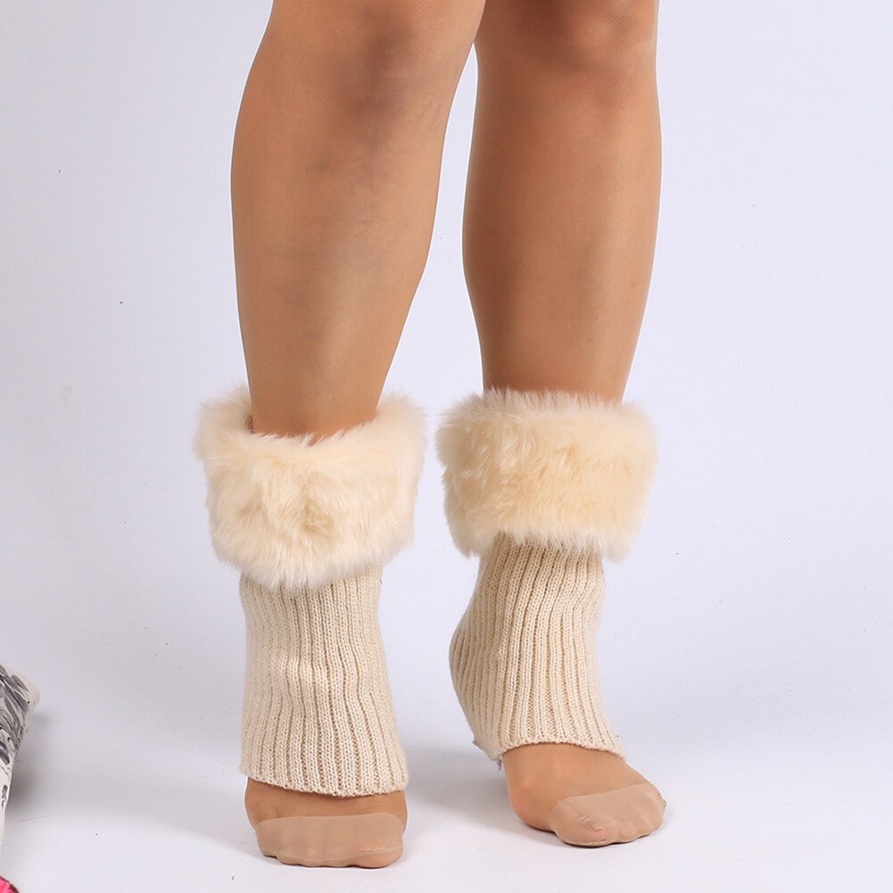 Winter Women Solid Color Faux Fur Cuff Crochet Knit Boots Sock Short Leg Warmers