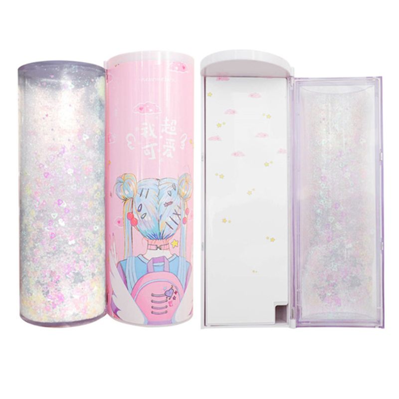 Quicksand Translucent Pencil Case Multifunction Cylindrical Calculator Stationery School Pen Holder DXAB: G
