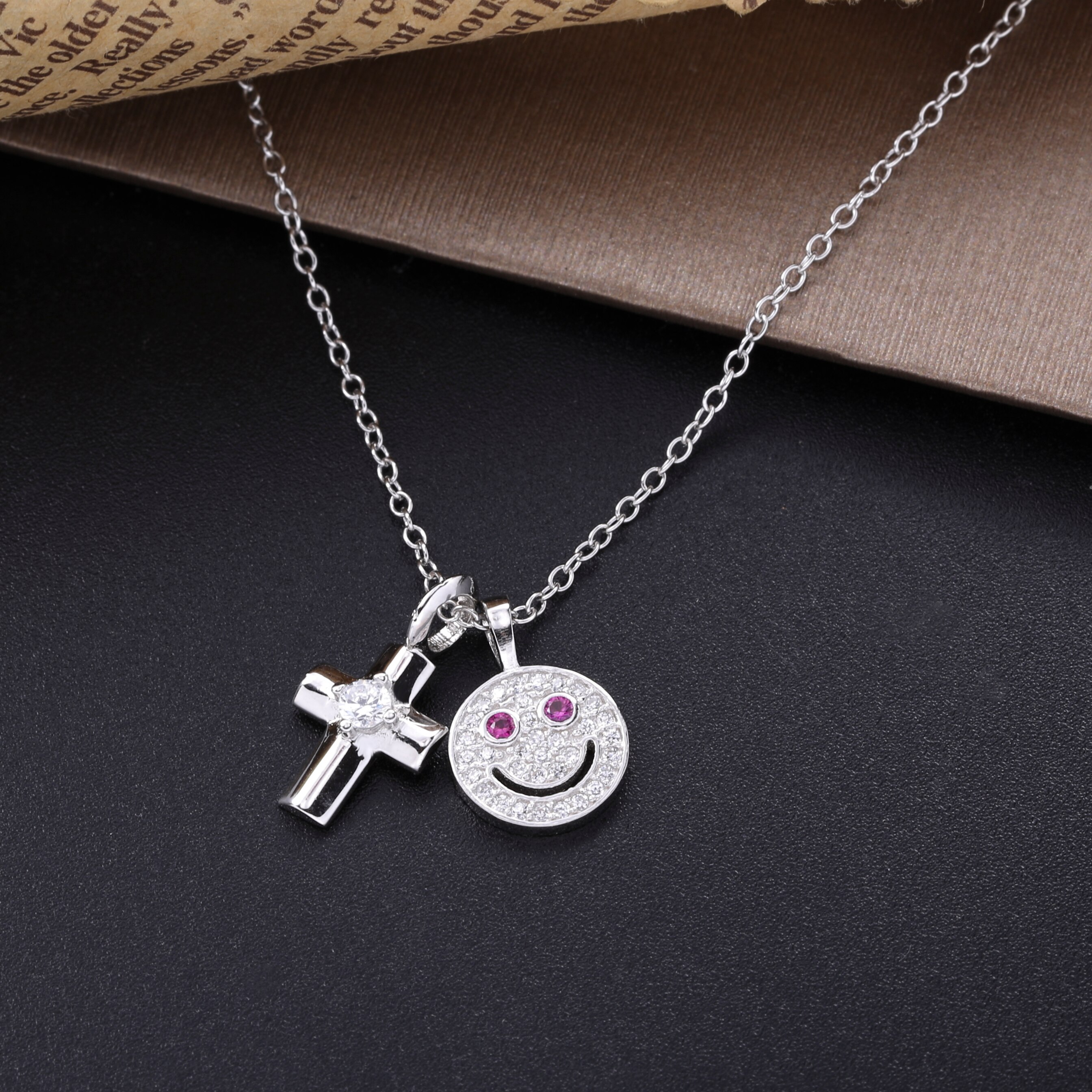 Moonmory Pure 925 Sterling Zilveren Glimlach Cross Hanger Kettingen Voor Vrouwen Mooie Zilveren Ketting Rood Eye Ketting Met Breiden Ketting