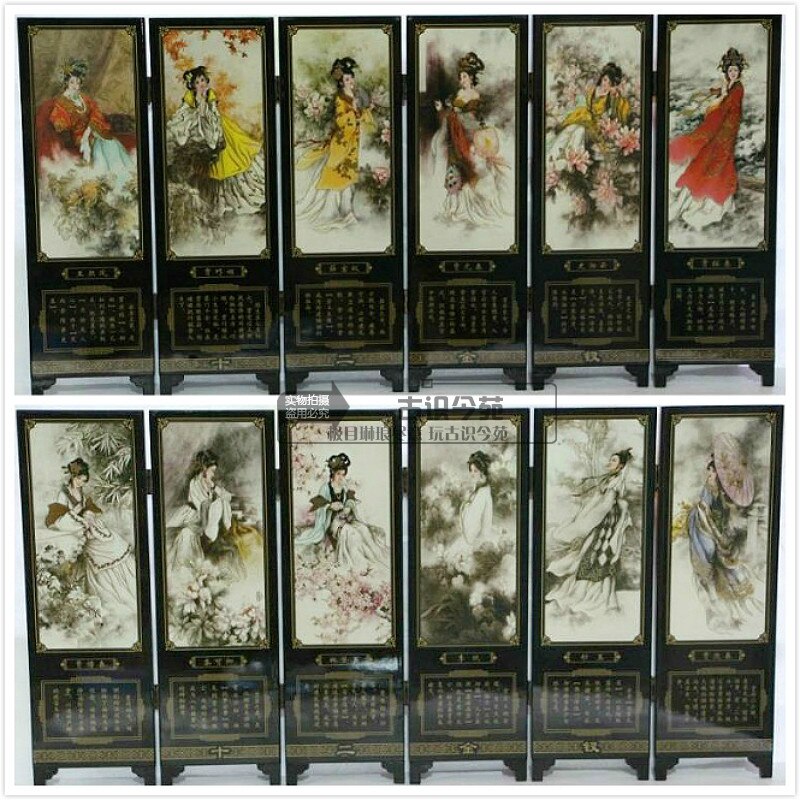 Art Classical Chinese Lacquer Handwork Painting Twelve women Auspicious Screen Decor