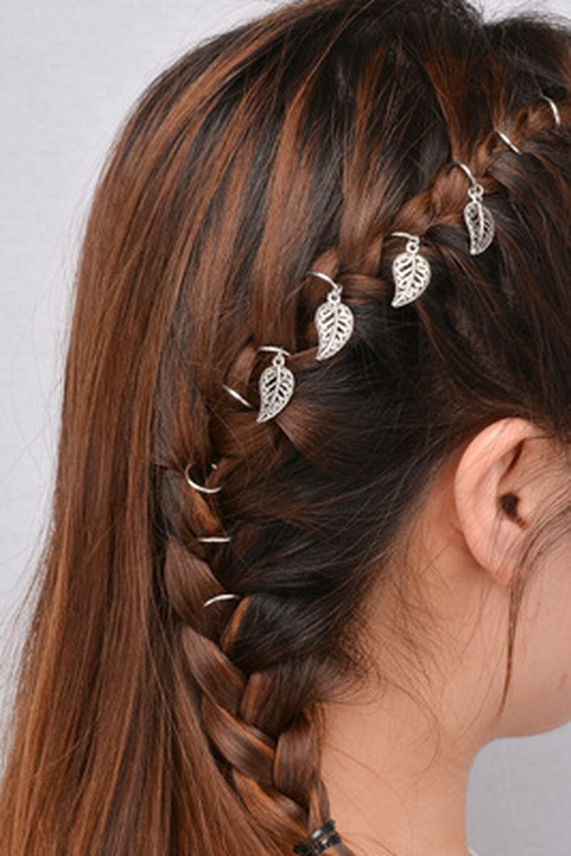20pcs/lot Golden/ Silver Hair Braid Dreadlock Bead Cuff Clip Braid Hoop Circle Approx 14mm Inner Hole: sliver leaf 5pc