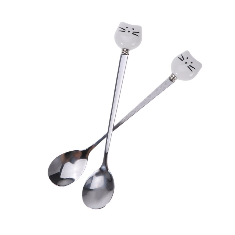 1 Pc Ceramic and Stainless Steel Small Spoons Cartoon Kitty Coffee Tea Stirring Spoon (Black Kitty)