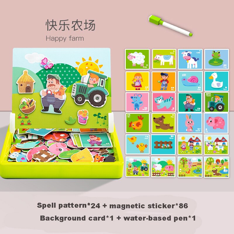 Kids Magnetic Puzzle Jigsaw Traffic Change Face Game Double-Sided Drawing Board Baby Early Education Toys For Children: Happy-farm