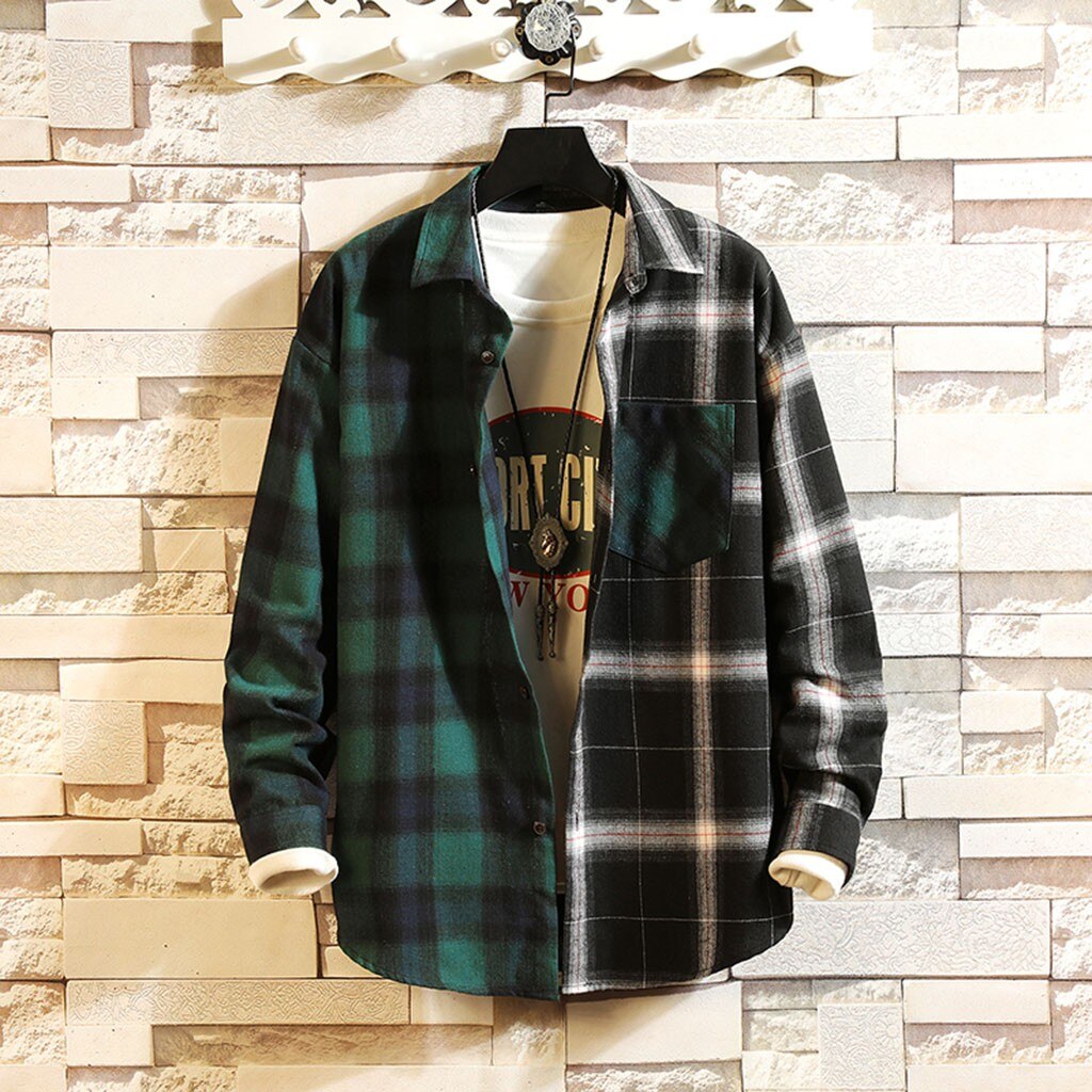 Koszule męskie jesień Plaid Patchwork koszula z guzikami człowiek malowanie Top na co dzień mężczyzna kołnierz na dół bluzka biznes płaszcze casualowe 19Nov07