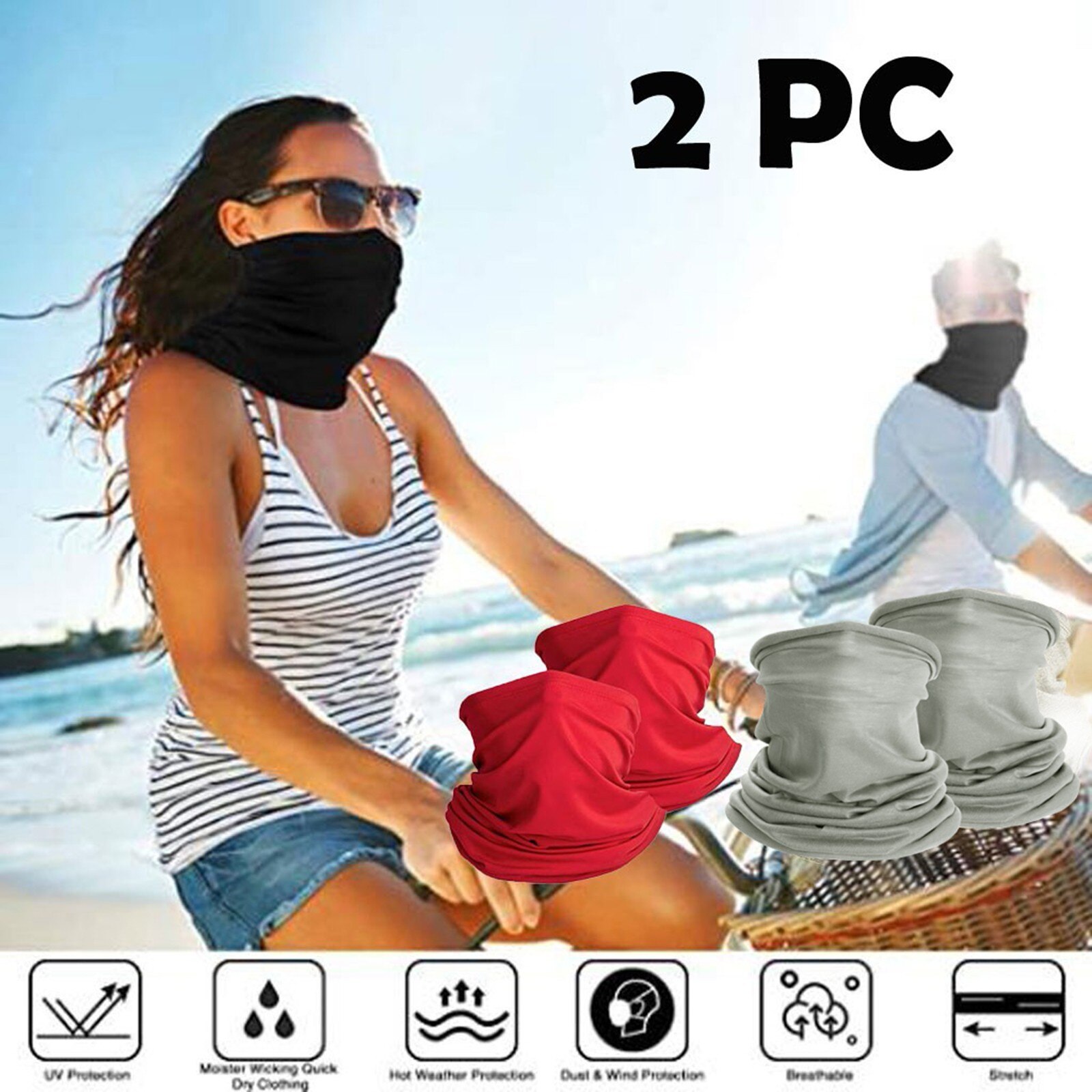 2PCS Multifunctional Tube Scarves Anti Virus Cool Bicycle Neck Gaiter Elastic Black Half Face Cover Shild Mask Headband Bandana