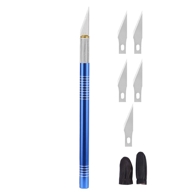 MIUSIE Engraving Cutter With 5pcs Blades And 2pcs Finger Protectors Metal Handle Leather Carving Sculpture Non-Slip Safety Knife: royal blue
