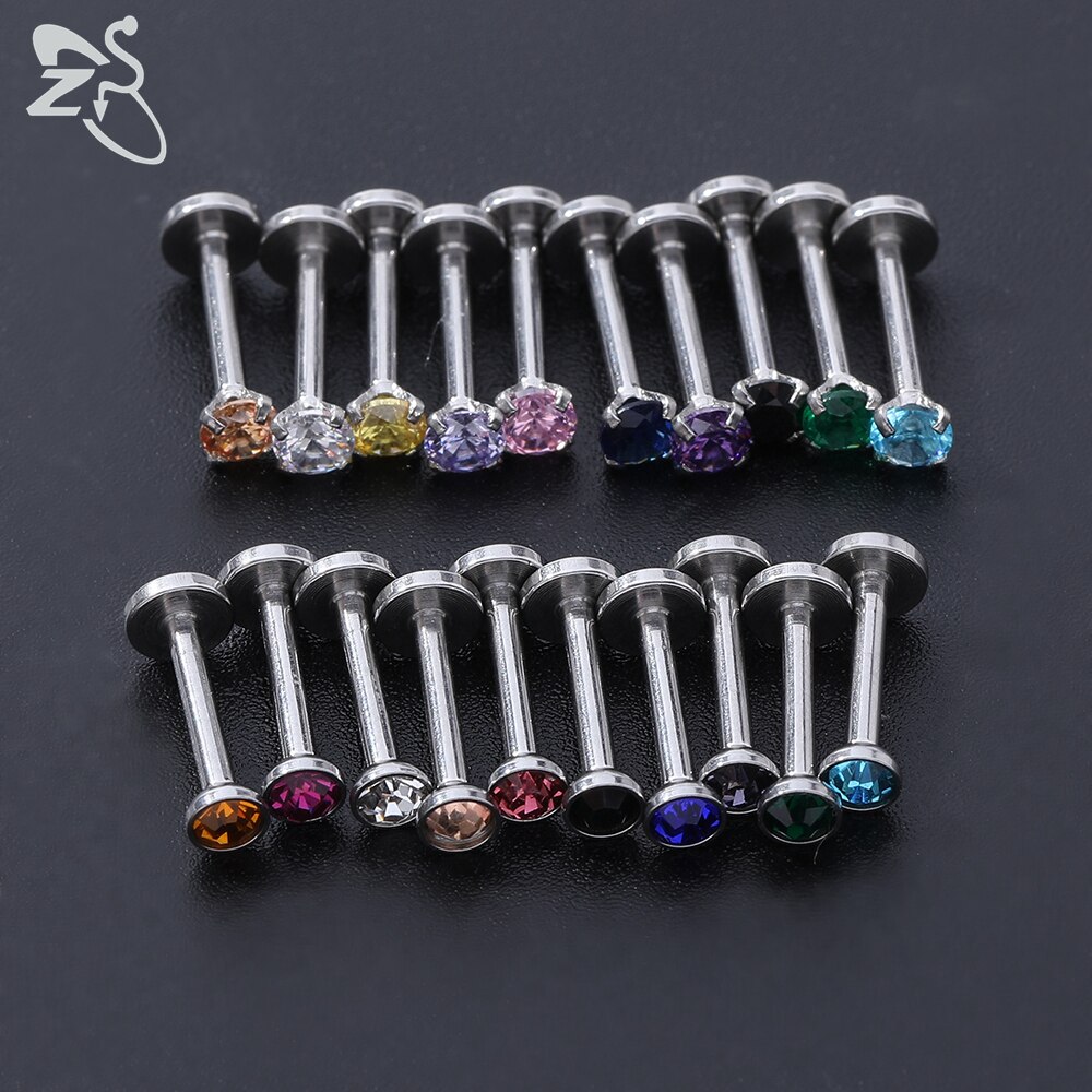 ZS 20 Pcs/lot 16G Crystal Zircon Labret Lip Rings Stainless Steel Internally Threaded Labret Piercings Unisex Cartilage Piercing