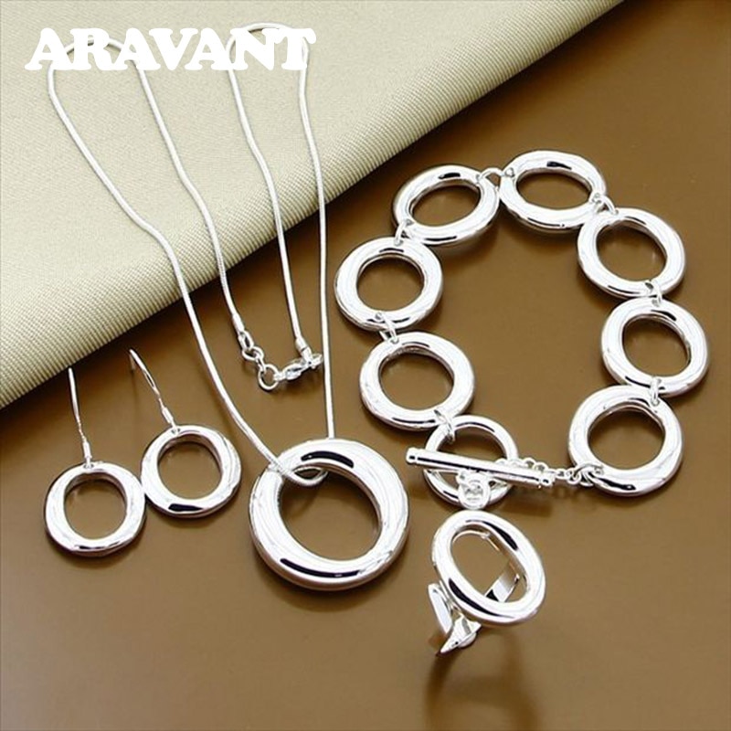 925 Zilveren Ronde O Vorm Ketting Armbanden Open Ringen Oorbellen Set Voor Vrouwen Mode-sieraden Sets