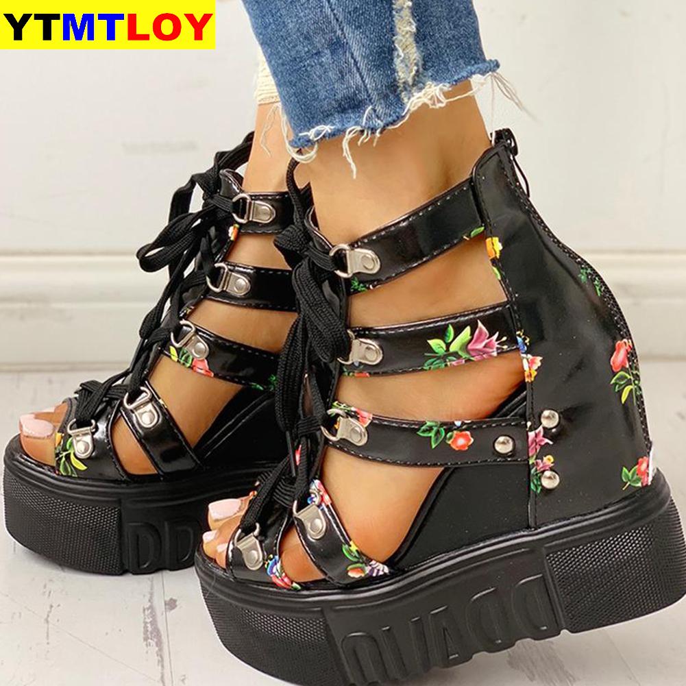 Zomerschoenen dames sandalen plateau veters hoge hakken casual schoenen dames ins print vrijetijdsschoenen wedges damesschoenen