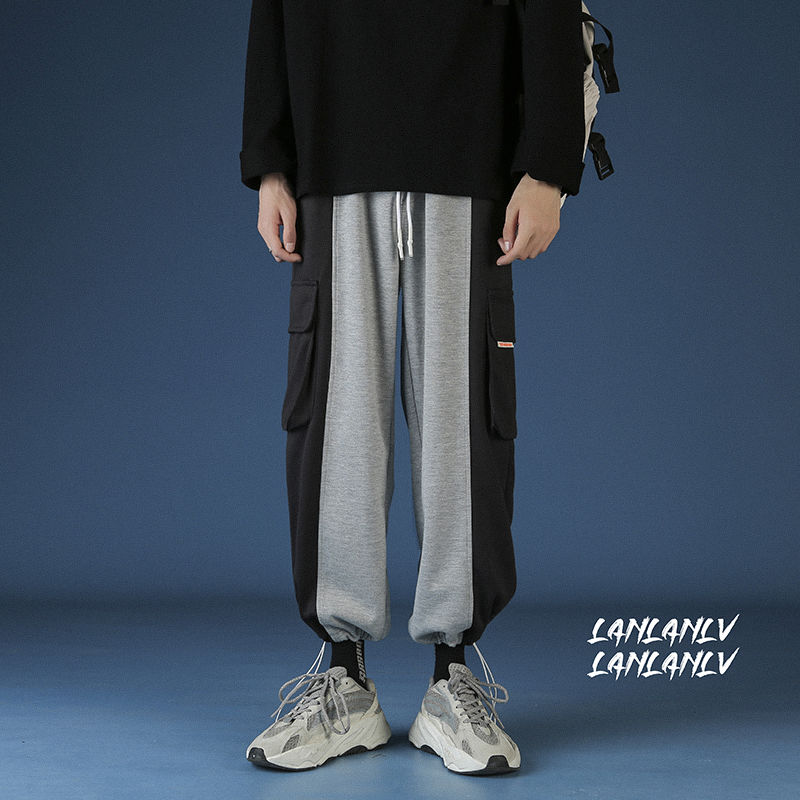2020 Tendência Da Moda Dos Homens do Estilo coreano Costura Calça Casual Masculino Streetwear Calças Corredores Moletom Solta Cor Preta M-2XL