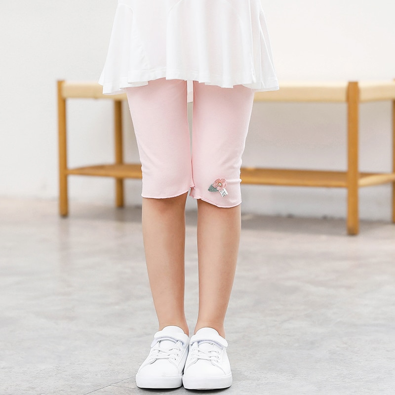 Girls Knee Length Kid Five Pants Solid Color Children Cropped Trousers Spring-Summer All-matches Bottoms Leggings Floral Sweet