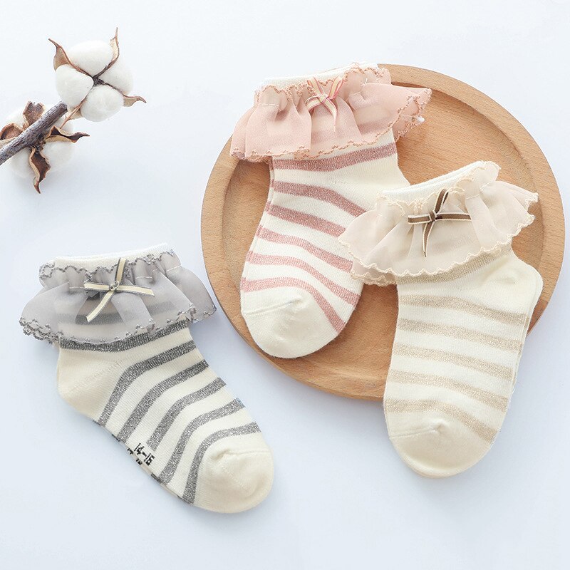Cute Cotton Baby Girl Socks Lace Bows Newborn Kids Short Socks Striped Summer Children Toddler Infant Socks Skarpetki 0-3 Y