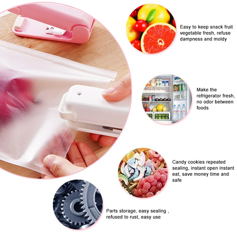 Bærbar mini-pose klipforsegler varmelegeme forseglingsmaskine multifunktionel mad snack frugt pakke genforsegler køkken gadgets værktøjer