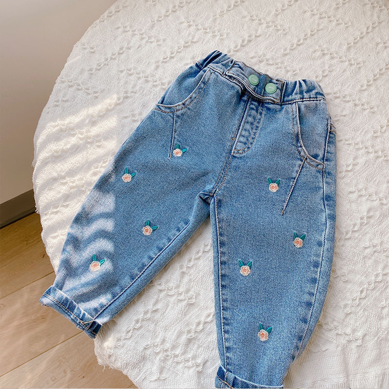 Pantalones vaqueros con bordado de flores para niña, pantalón vaquero para Bebé y Niño, primavera y otoño, 2022