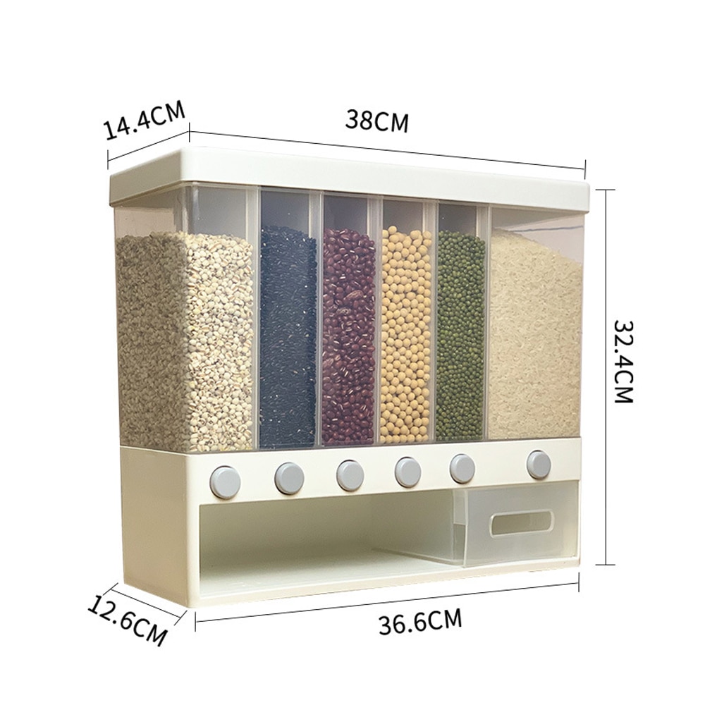 Moisture Proof Wall Mounted Cereal Dispenser 6 Grids Rice Container Dispenser Plastic Automatic Racks Sealed Food Storage Box