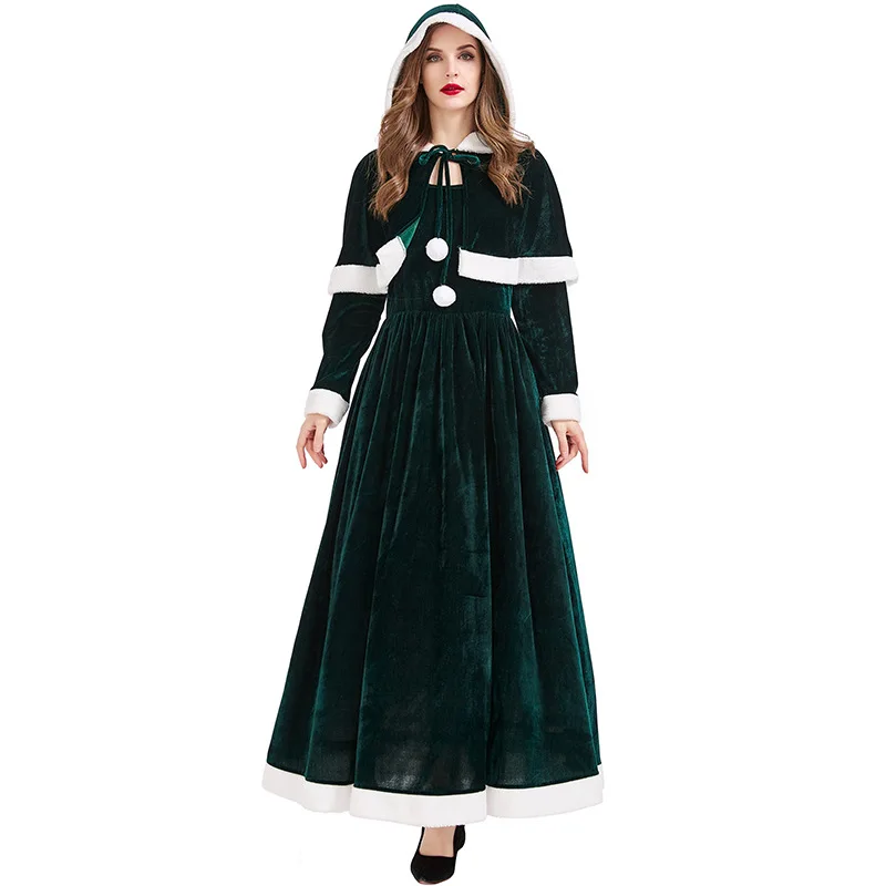 Christmas deluxe party red dress claus stage show performance costume christmas woman cape + long dress christmas season cosplay dress
