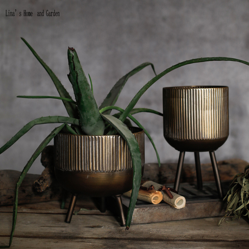 American industrial antique bronze metal flower pot planter