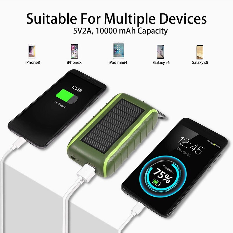 Multifunctional Solar Power Bank 6000 MAh Hand Crank Powered Double USB Outdoors Solar Charger with LED Flashlight