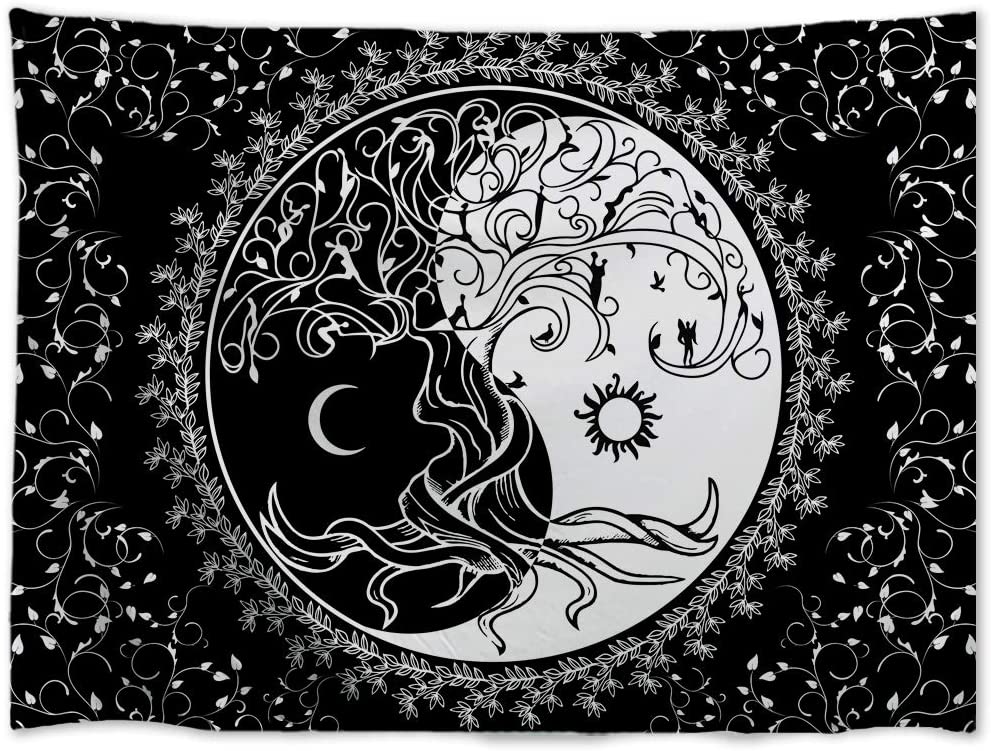 Black White Trippy Sun Moon Bohemian Hippie Tapestry Psychedelic Yin Yang Wall Art Tree of Life Wall Hanging blanket Table Cloth: 95X73CM