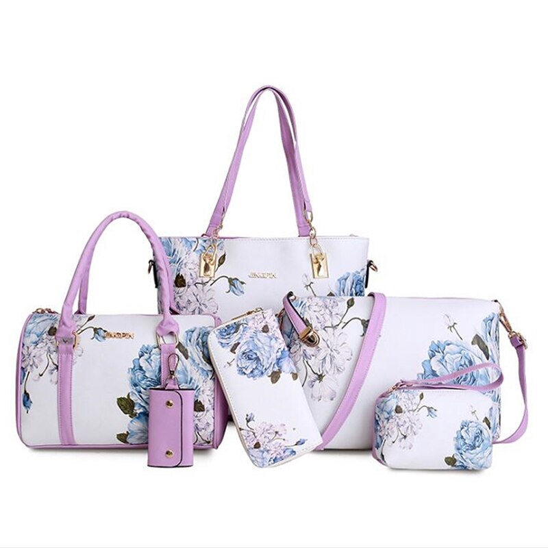 Skulderveske for kvinner dameveske 6 -delt sett med lærvesker i kinesisk stil clutch lommebok komposittveske crossbody: Lilla
