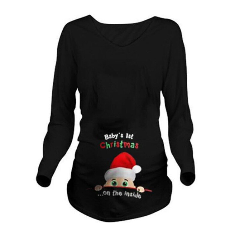Vår höst kvinnor långärmad t-shirt mamma jul t-shirts härlig tomte baby print t shirt gravid toppar kläder rolig tröja