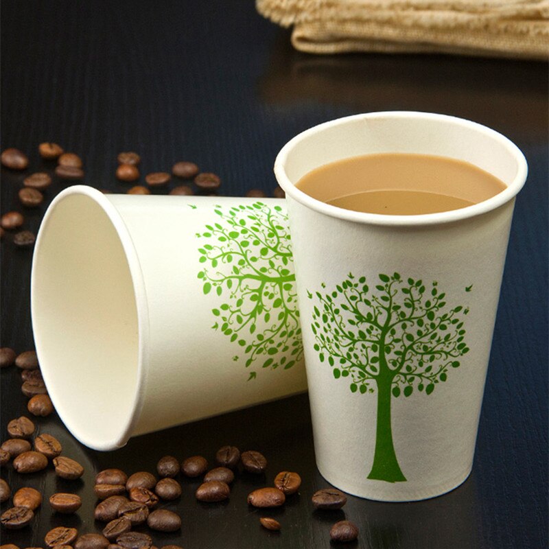 50pcs 350ml wit wegwerp cups groene boom patroon party verjaardag gunst koffie thee papier cup met deksel takeaway pakket