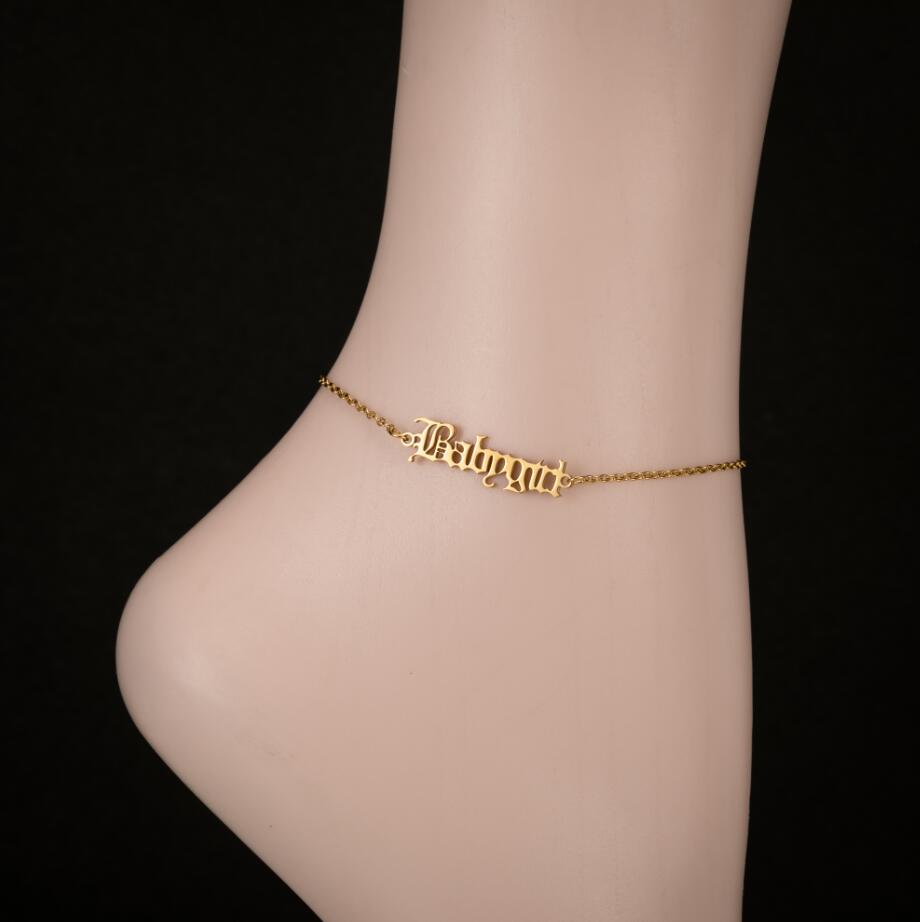Jisensp gammal engelska bokstav ängel fotlänkar rostfritt stål kedja babygirl fotled armband för kvinnor fot smycken brudtärna