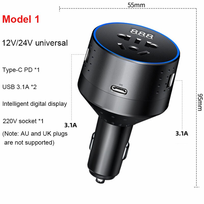 Urvns 12V Naar 220V Auto Omvormer Type-C Pd QC3.0 Snel Opladen Auto-oplader Sigarettenaansteker Usb lader Met Spanning Display: Model 1