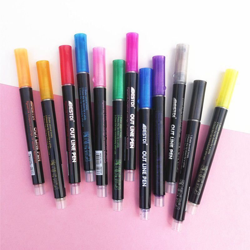 12 Color Metal Paint Marker Pen set Double Line Pen Outline Marker Glitter for Drawing Painting Doodling School Supplies