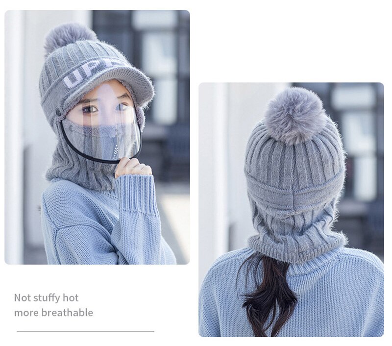 Bonnet écharpe avec masque Transparent pour femme, couvre-visage, casquette chaude, pour le sport, Halloween, hiver