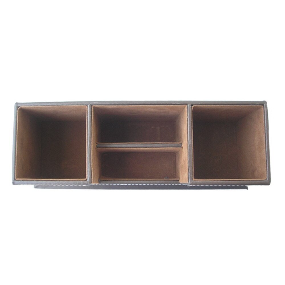 Double Holder Desktop Faux Leather Storage Box 4 Divided Compartments for Pen Business Card Remote Control DeskOrganizer Brown