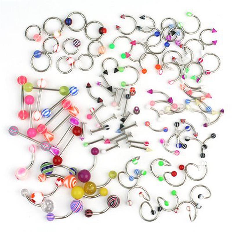 Et sæt  of 100 stk assorteret akryl tunge læbe labret navle mave øjenbryn ringe barbell piercing smykker (tilfældig farve): Default Title