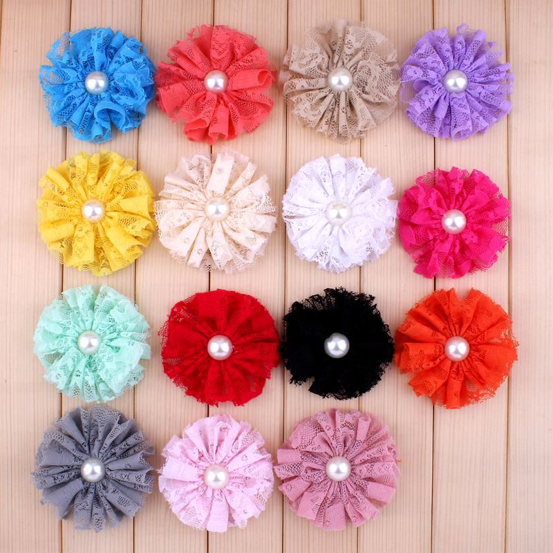 5 teile/los 7 cm 15 farben Ausgefranste Mesh Spitze Blumen Mit Perle Für Haar Zubehör Shabby Künstliche Stoff Blumen Für stirnbänder