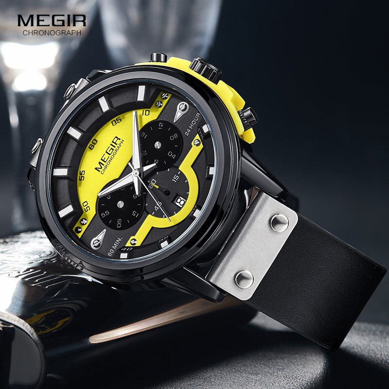 MEGIR 24 Stunden Chronograph Quarz Uhren Wasserdicht Casual Leder Armbanduhr für Mann Leuchtende Hände Sport Uhr 2080 Gelb