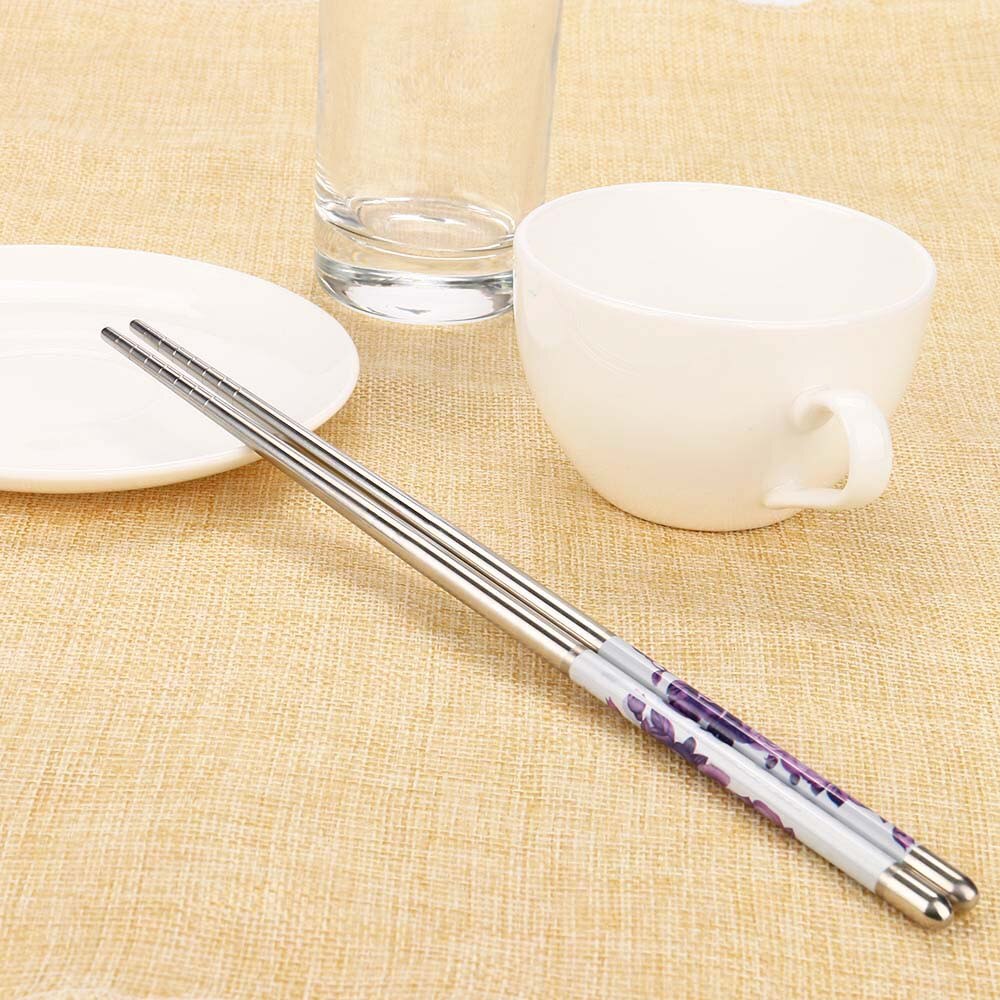 1 paar Eetstokjes Chinese Natuurlijke Lengte Witte Bloem Patroon Roestvrij Staal Eetstokjes Draagbare Chop Sticks