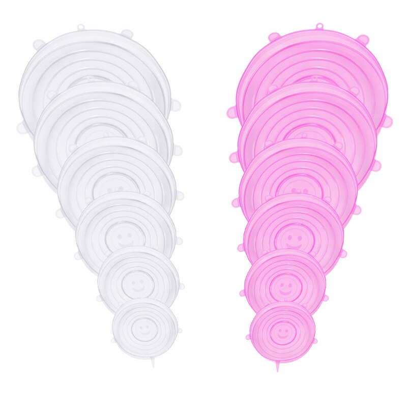 6/12 stuks siliconen rekdeksels universele voedsel siliconen wikkel kom pot deksel siliconen deksel pan koken keuken accessoires voedsel deksel: Wit-roze -12 stuks