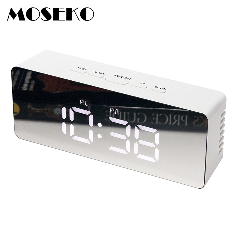 MOSEKO Alarm Clock Digital LED Display Portable Modern Mirror Clock Smart Snooze Multi-function Time Date Month Temperature