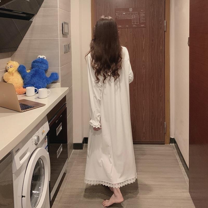 Kobiety robić połowy łydki koszule nocne jednolity kolor, w kwadraty, z kołnierzem z długim rękawem sznurkiem falbany luźna w stylu retro nowa elegancka francuska zwykły Ulzzang Sznurówka