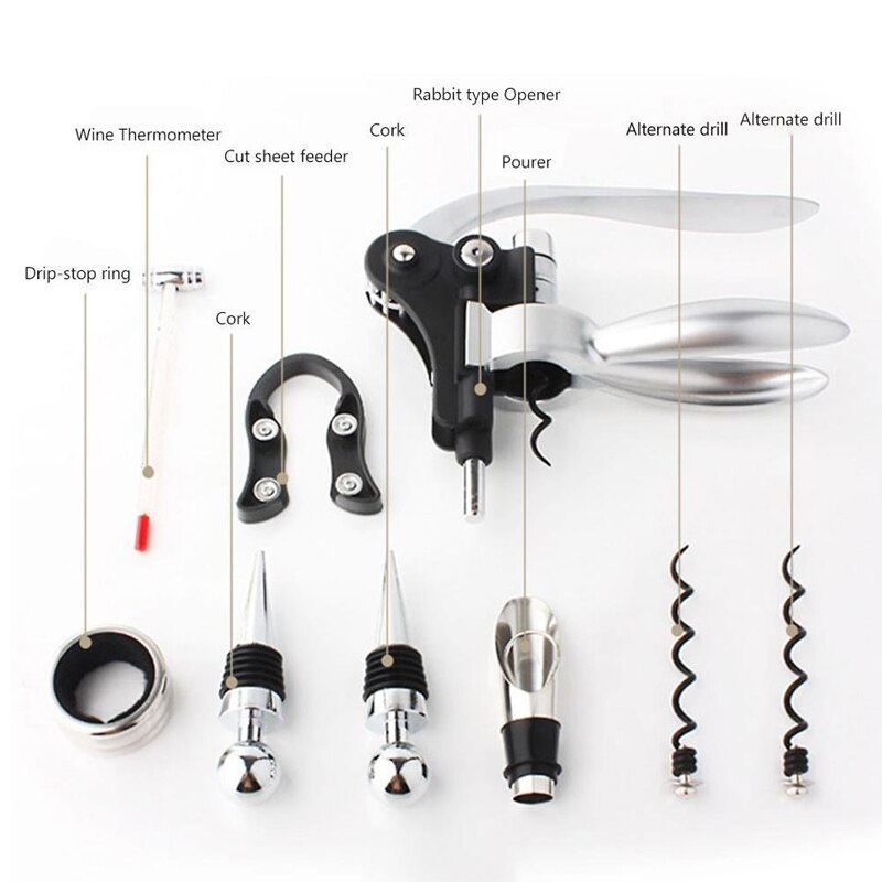 Stainless Steel Wine Opener for Bottle Opener Tools Set with Wood Box Pourer Stopper Foil Cutter Drip Ring Kit
