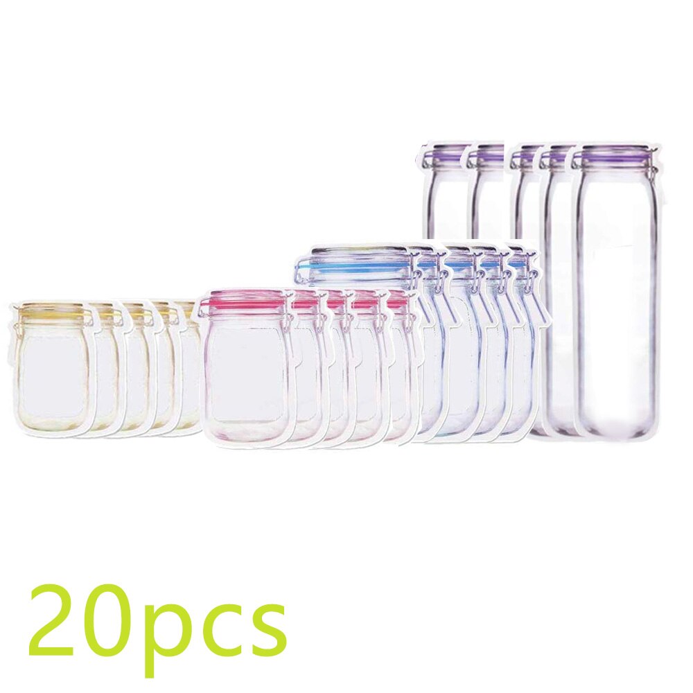 20 piezas Jar Zipper Bags reutilizable Snack ahorrador bolsa de almacenamiento para alimentos congelados bolsas de almacenamiento de bocadillos de alimentos a prueba de fugas: 20 pcs