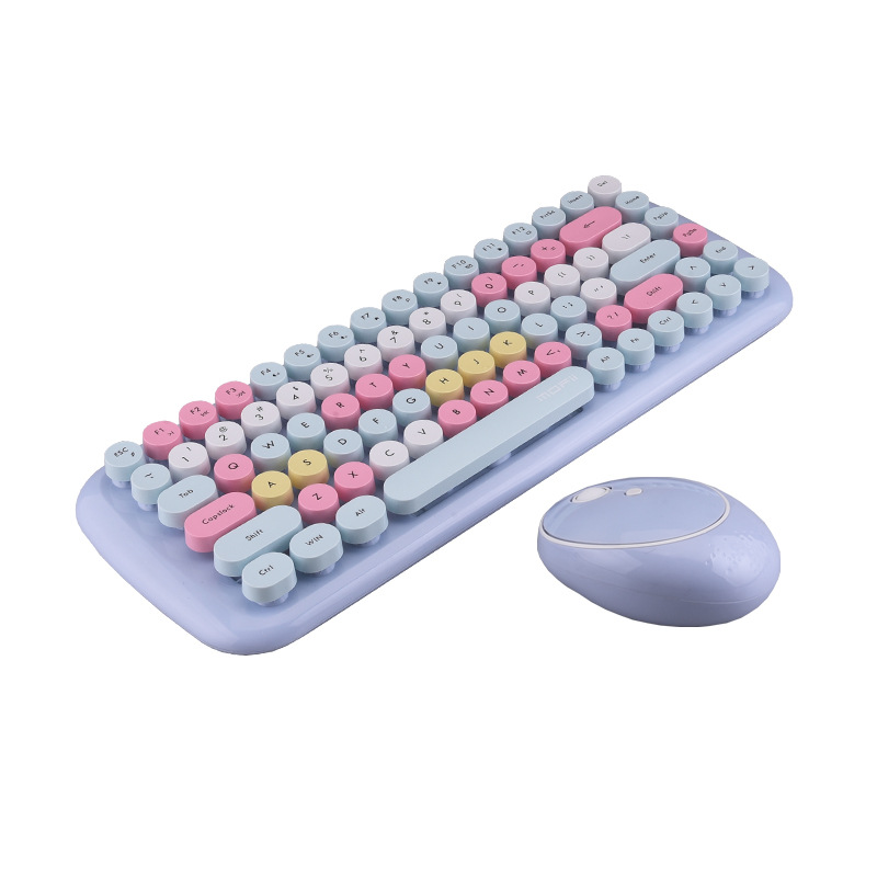 Kit de clavier et souris sans fil 2.4G pour filles, rétro, Vintage, 84 touches rondes colorées, Orange, rose, bleu, vert, pour ordinateur portable,: light blue-84 keys