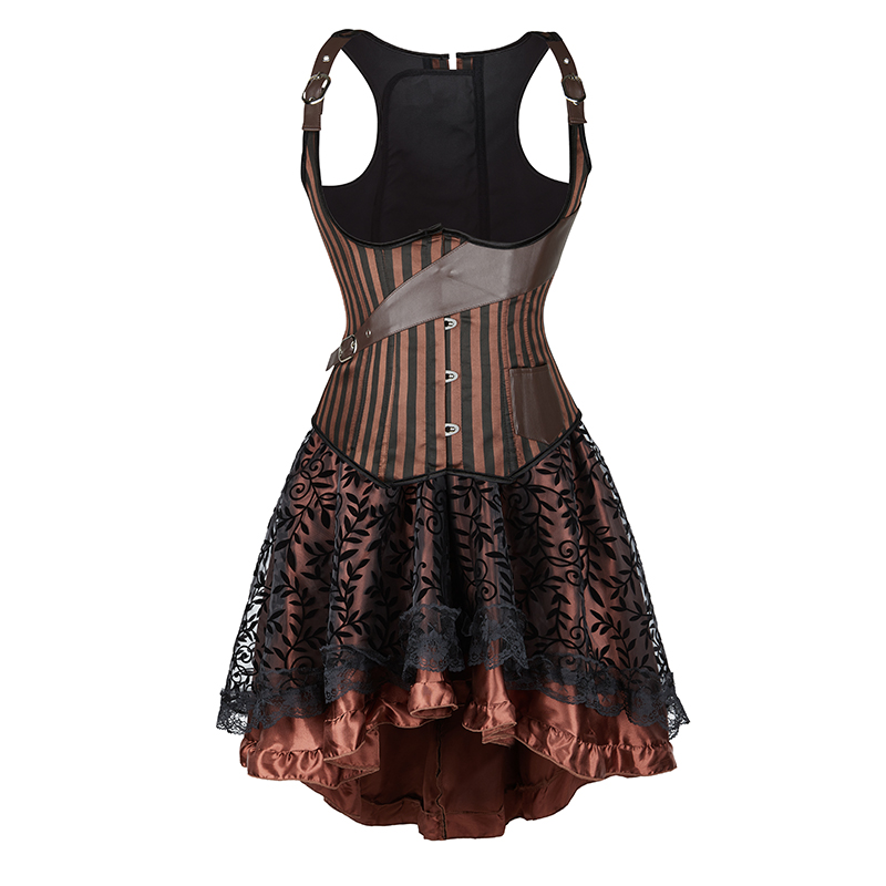 Brown Corset Dress Set Women's Steampunk Gothic Bustier Corset with High Low Skirt: XXL / Light Brown