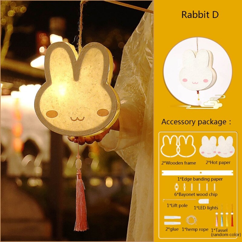 Mid-Autumn Festival DIY Handmade Wooden Lantern Material Package with LED Light Cute Rabbit Shape Hanging Lamp Decor Lantern: 4