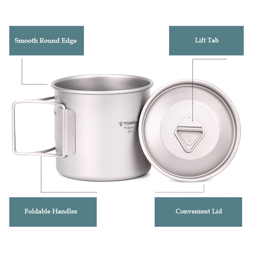 TOMSHOO Outdoor Hiking Ultralight Titanium Cup Set Camping Portable Cup Picnic Water Cup Mug with Foldable Handle