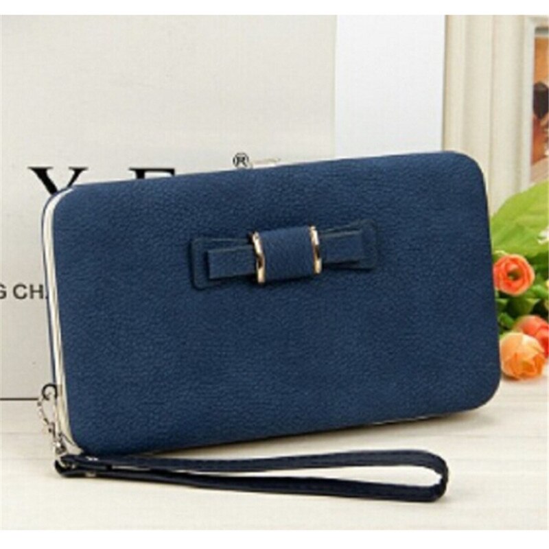 Women Bowknot Wallet Long Purse Phone Card Holder Clutch Large Capacity Pocket Female Solid PU Wallets: Blue