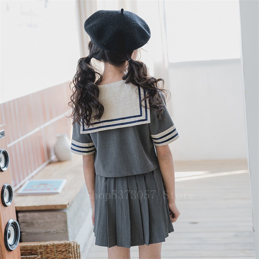 Børne skoleuniform sømandssæt baby kawaii piger grå stribet krave japansk kortærmet skjorte plisseret nederdel chorus jk sæt 160cm