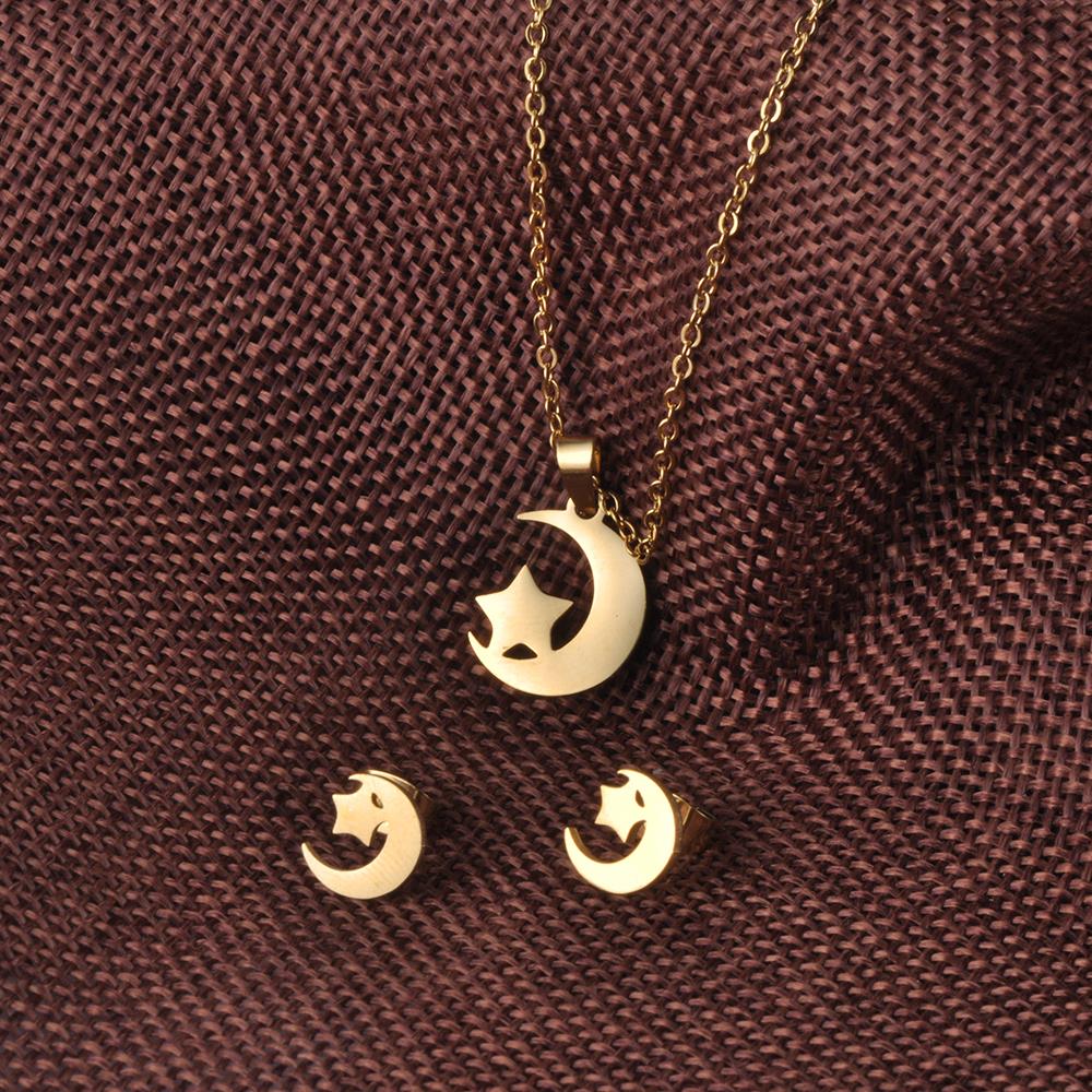 Aenine Rvs Sets Voor Vrouwen Meisjes Goud Kleur Moon Star Shape Ketting Oorbellen Voor Vrouwen Minnaar Anniversary Sieraden